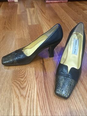 Bellini VINTAGE Black Leather Pumps Croc-Textured GREEN Square Toe 3 in heel 8.5